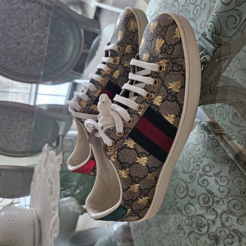 Gucci Women's Patterned Sneakers - Gold and Green - Picture 6 of 7